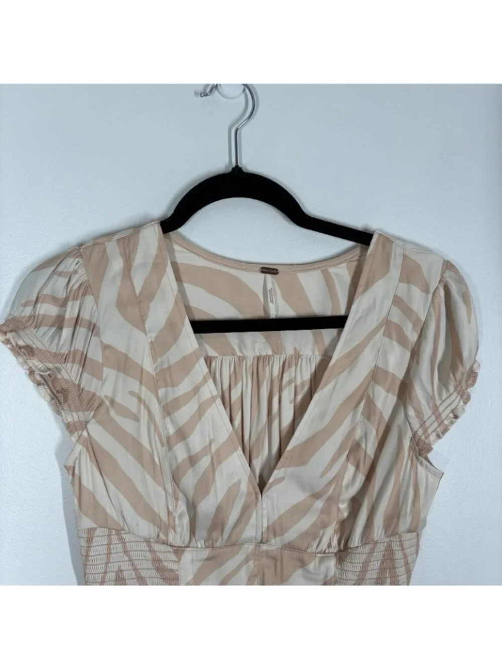 Free People Women S Peach Cream Zebra Print Satin Smocked Show Me Love Top